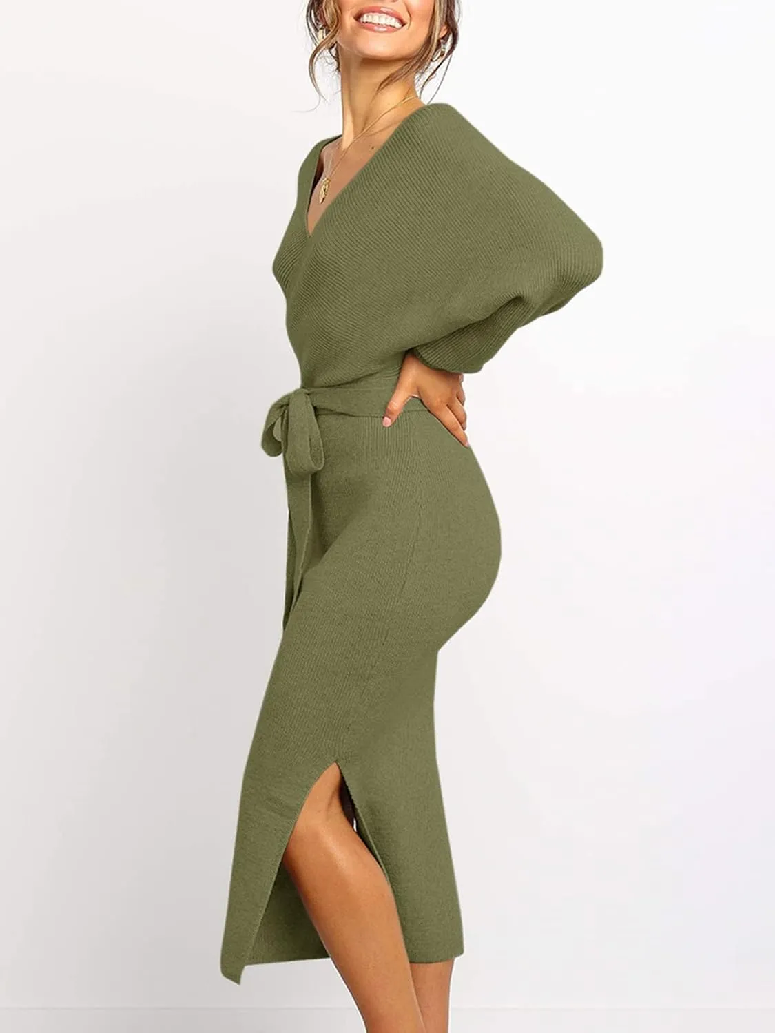 Chang Yun Women's Long Maxi Sweater Dresses Sexy Wrap Batwing V Neck Slit Open Back Holiday Bodycon Dress with Belt