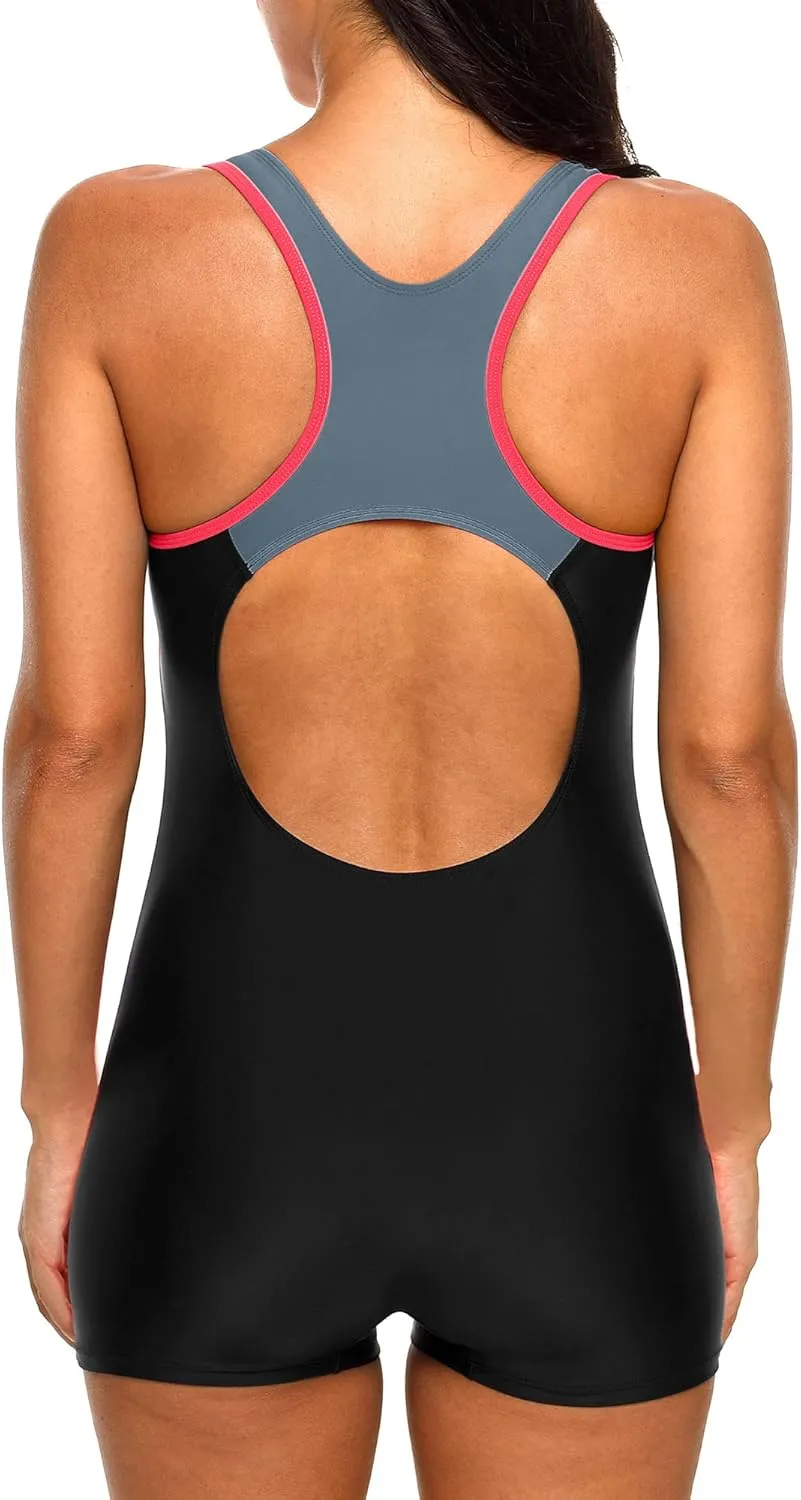 CharmLeaks Womens Boyleg Racerback One Piece Swimsuit Athletic Full Coverage Swimwear Lap Swimming Suit