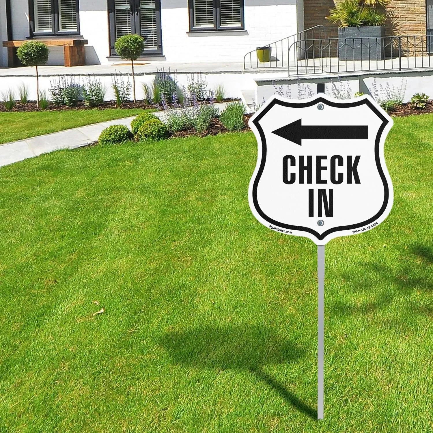 Check-In Left (5 Pack) 12 inch X 12 inch Shield Shaped Commercial Grade Plastic Signs with Aluminum Mounting Stakes Weather Resistant Made in the USA