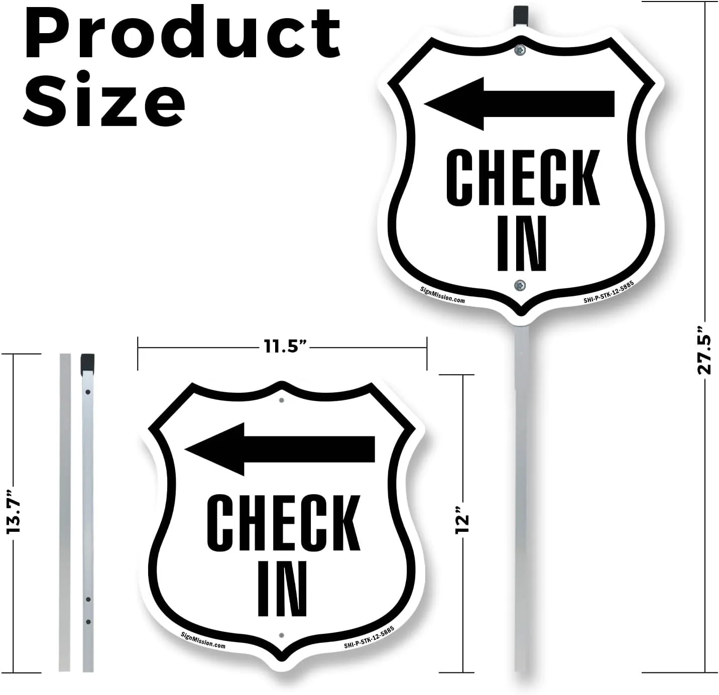 Check-In Left (5 Pack) 12 inch X 12 inch Shield Shaped Commercial Grade Plastic Signs with Aluminum Mounting Stakes Weather Resistant Made in the USA