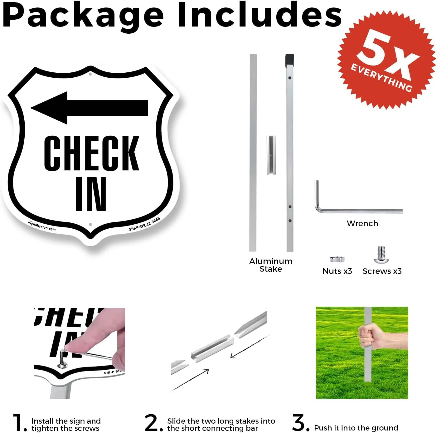 Check-In Left (5 Pack) 12 inch X 12 inch Shield Shaped Commercial Grade Plastic Signs with Aluminum Mounting Stakes Weather Resistant Made in the USA