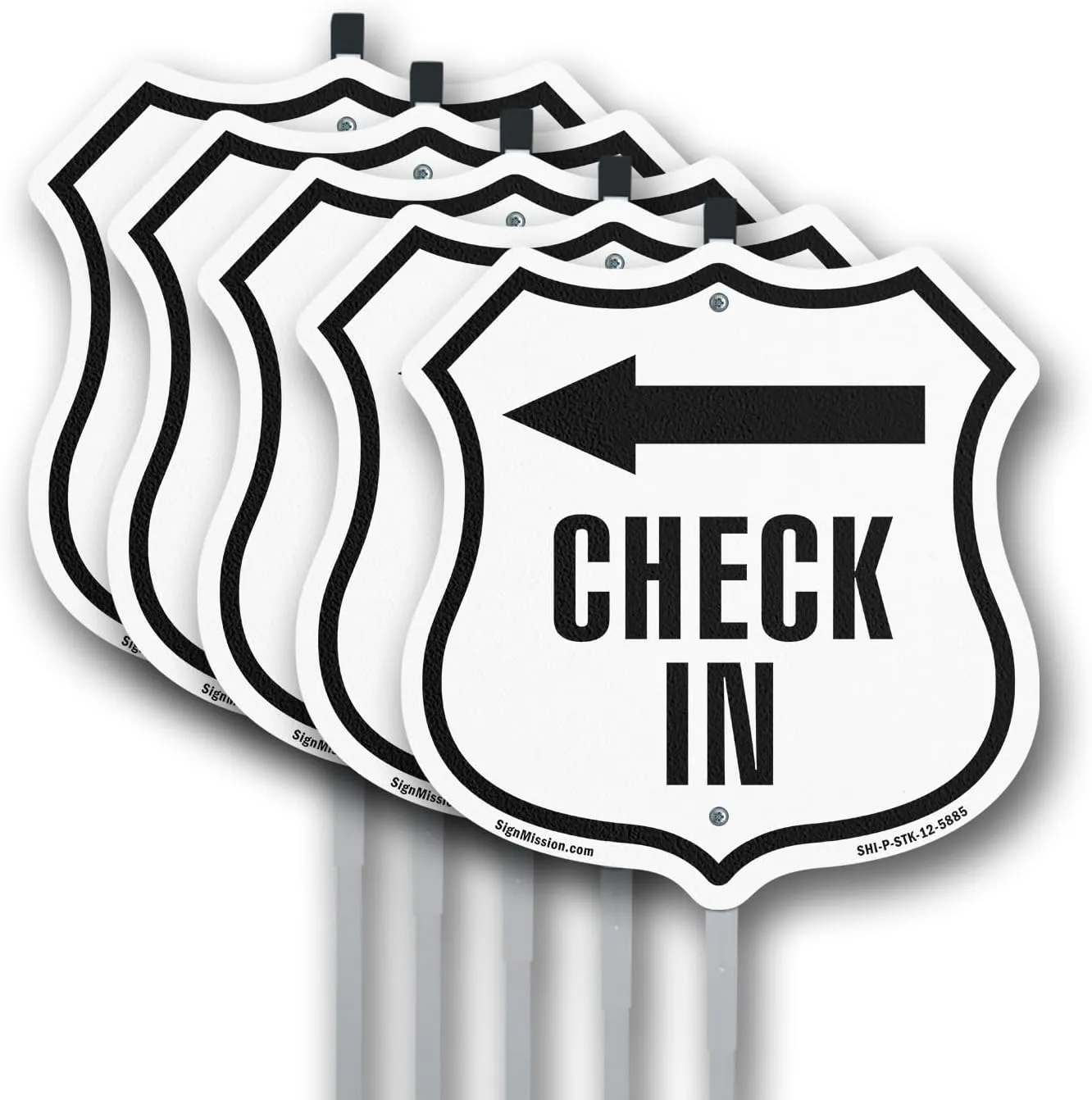 Check-In Left (5 Pack) 12 inch X 12 inch Shield Shaped Commercial Grade Plastic Signs with Aluminum Mounting Stakes Weather Resistant Made in the USA