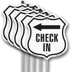 Check-In Left (5 Pack) 12 inch X 12 inch Shield Shaped Commercial Grade Plastic Signs with Aluminum Mounting Stakes Weather Resistant Made in the USA