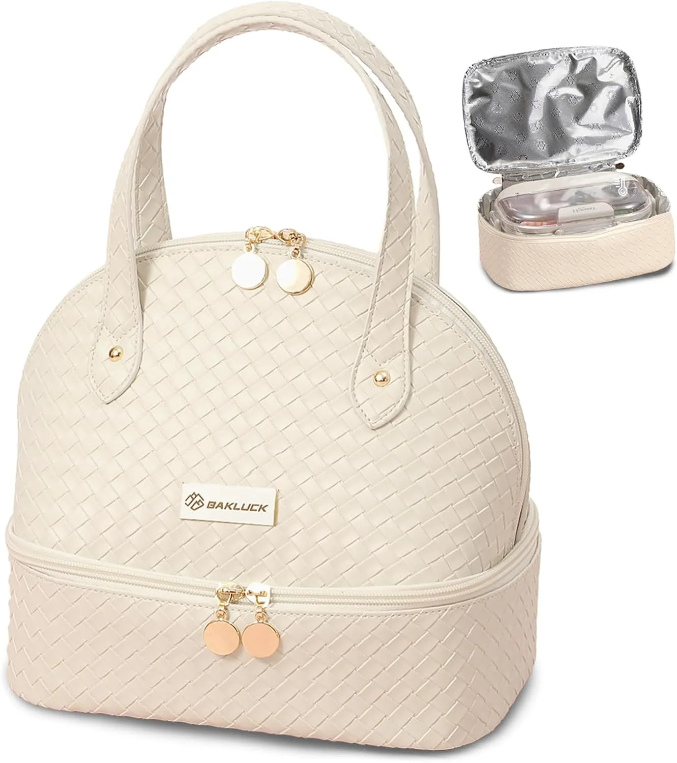 Checkered Lunch Bag Women, Double Decker Insulated Lunch Box Bag, Waterproof PU Leather,Compact Size Large Capacity Simple Modern Lunch Tote Bag for Work, Picnic, Beach Beige