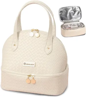 Checkered Lunch Bag Women, Double Decker Insulated Lunch Box Bag, Waterproof PU Leather,Compact Size Large Capacity Simple Modern Lunch Tote Bag for Work, Picnic, Beach Beige