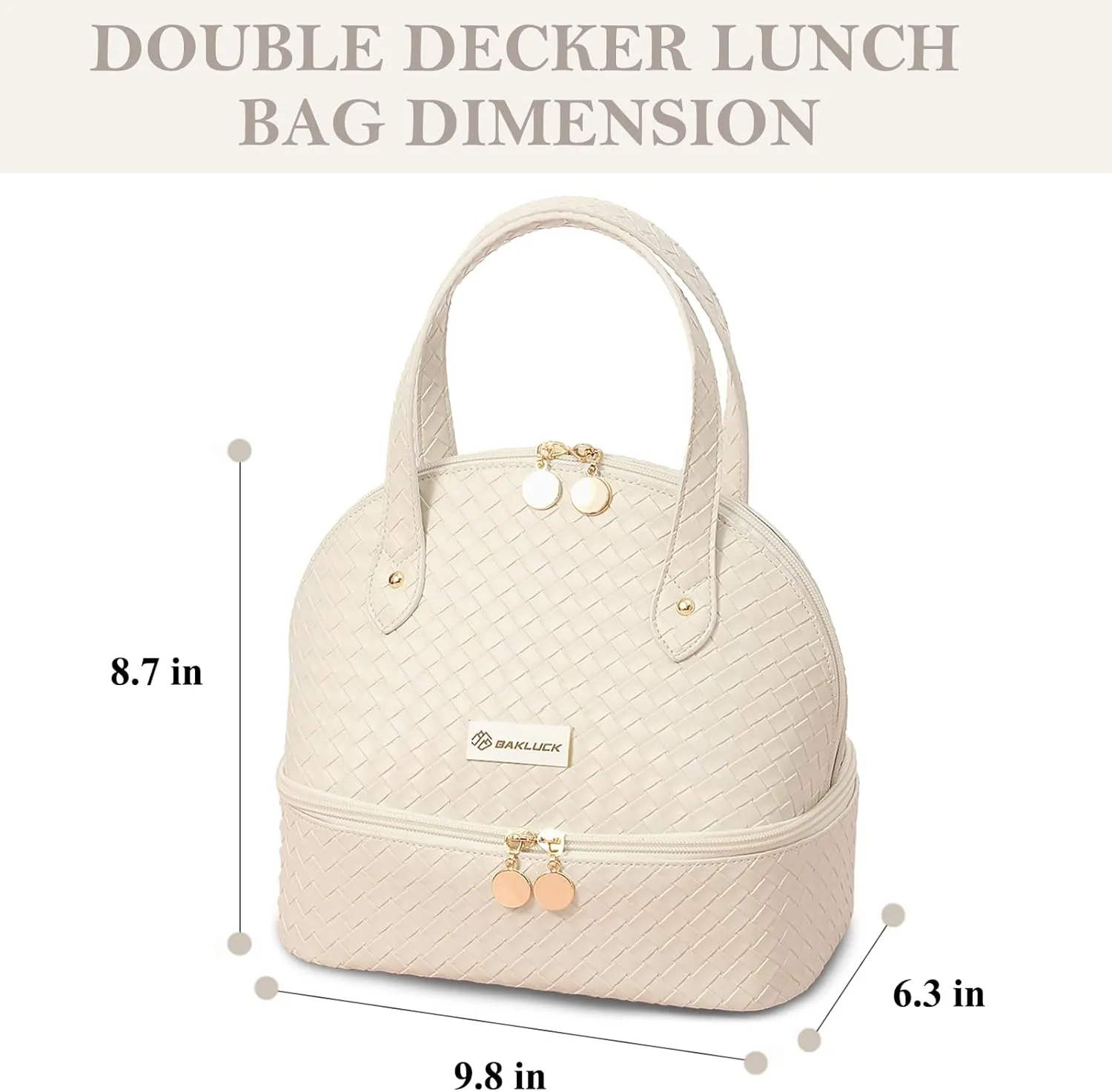 Checkered Lunch Bag Women, Double Decker Insulated Lunch Box Bag, Waterproof PU Leather,Compact Size Large Capacity Simple Modern Lunch Tote Bag for Work, Picnic, Beach Beige