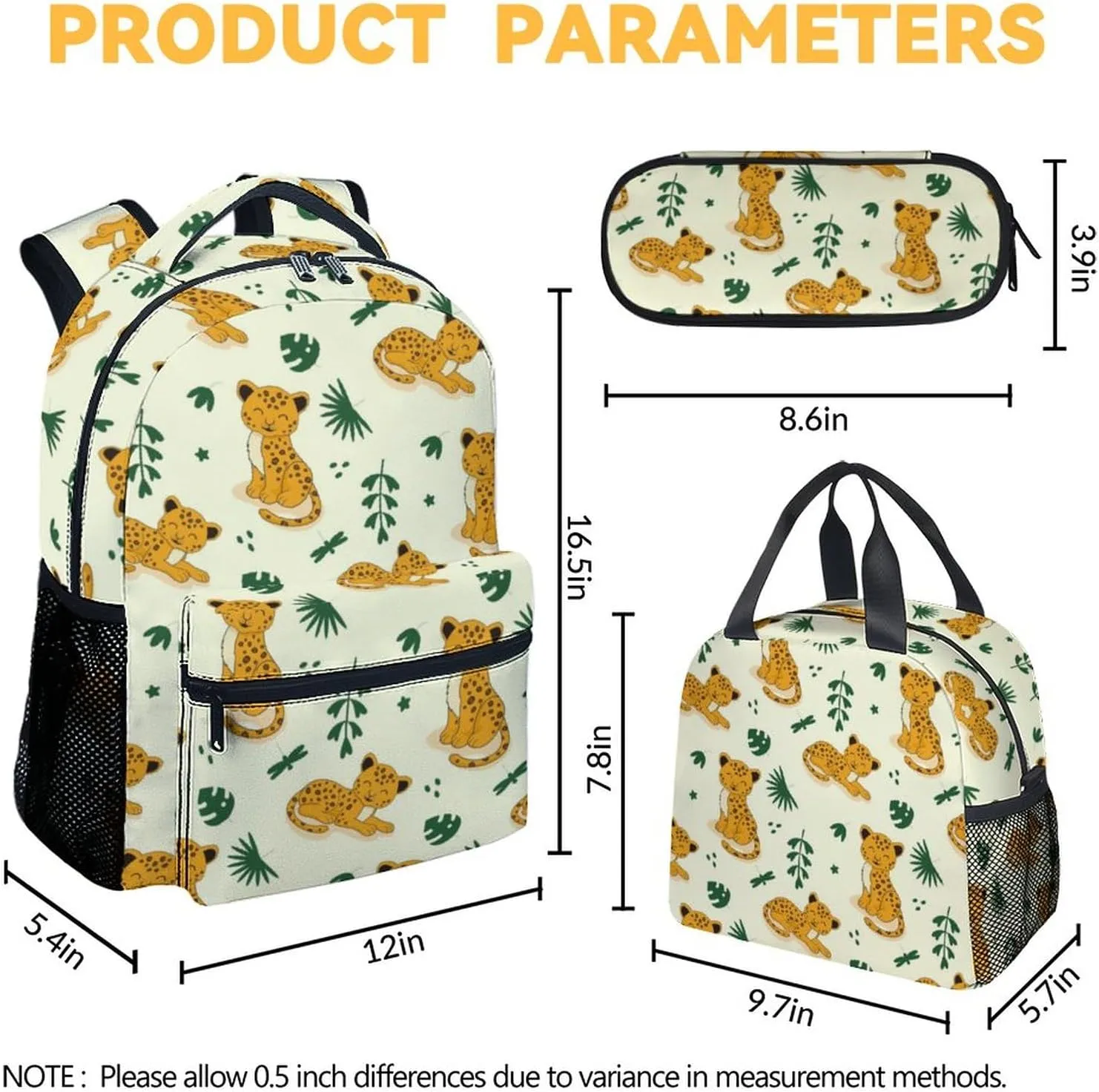 Cheetah Backpack with Lunch Box and Pencil Case for Girls Boys, 16 Inch School Bookbag with Adjustable Straps, Travel Bag Durable, Lightweight, Large Capacity