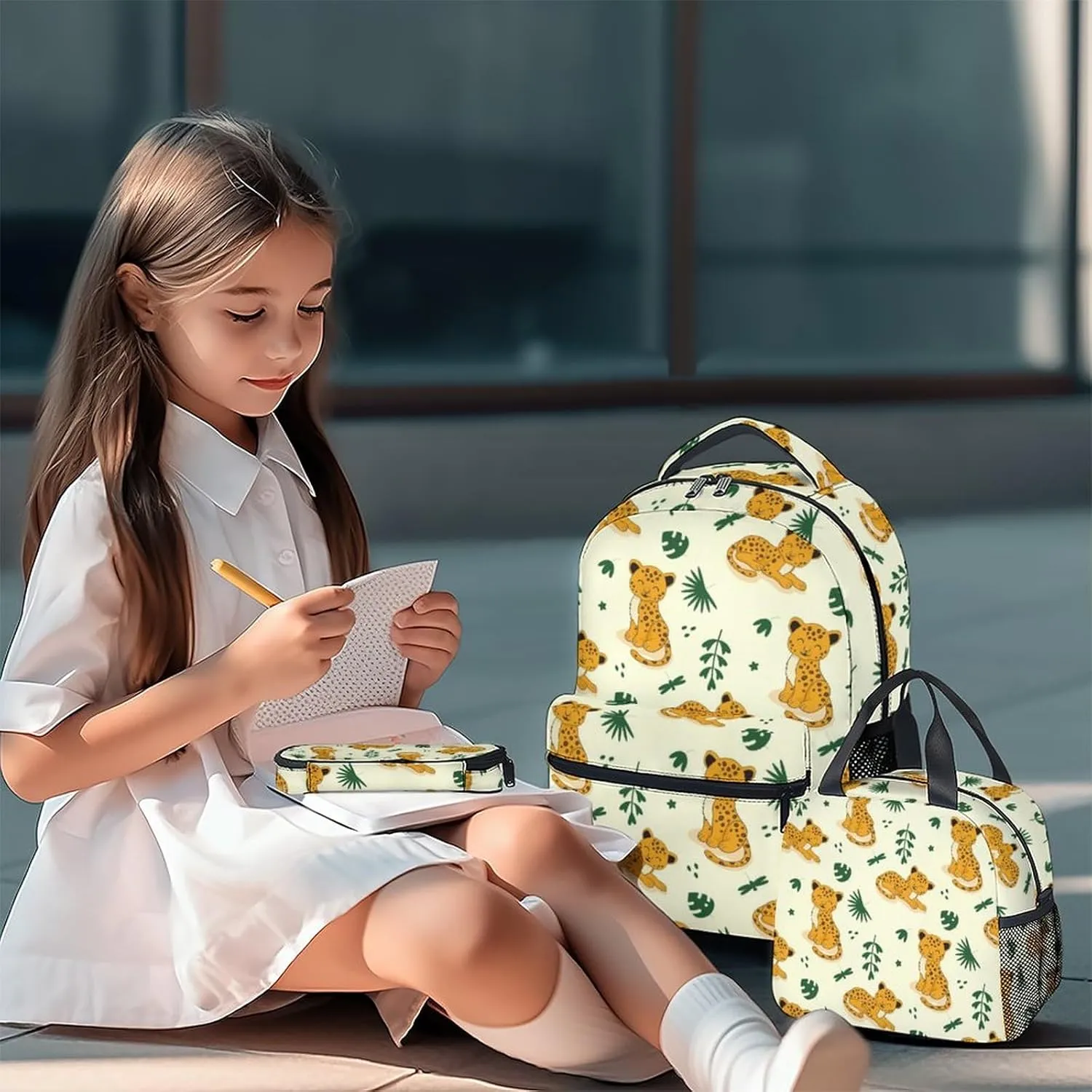 Cheetah Backpack with Lunch Box and Pencil Case for Girls Boys, 16 Inch School Bookbag with Adjustable Straps, Travel Bag Durable, Lightweight, Large Capacity