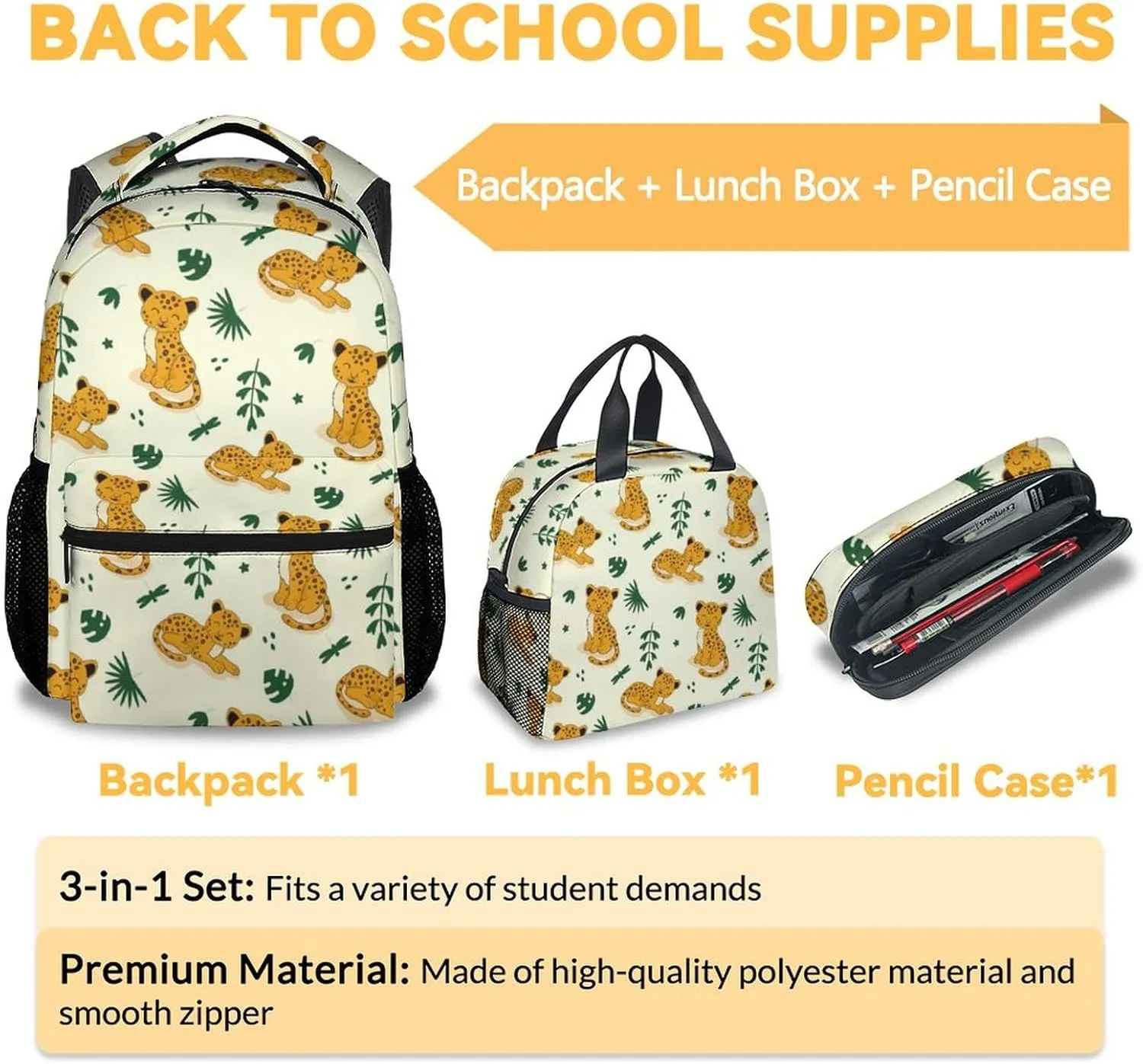 Cheetah Backpack with Lunch Box and Pencil Case for Girls Boys, 16 Inch School Bookbag with Adjustable Straps, Travel Bag Durable, Lightweight, Large Capacity