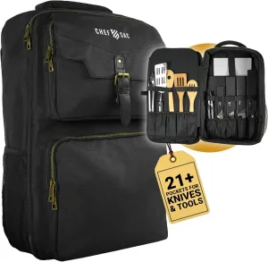 Chef Sac Traveller Chef Backpack Chef Knife Bag | Water-Resistant | 21  Pockets for Knives & Kitchen Utensils | Back Pocket for Laptop & Notebook | For Chefs & Culinary Students (Black)