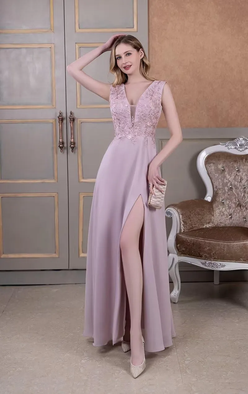 Chiffon Bridesmaid Dresses with Slit V-Neck Mother of Bride Dress Laces Applique Elegant A-line Formal Evening Dresses
