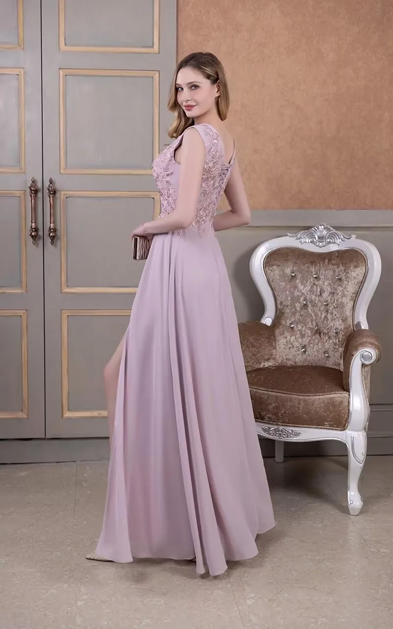 Chiffon Bridesmaid Dresses with Slit V-Neck Mother of Bride Dress Laces Applique Elegant A-line Formal Evening Dresses