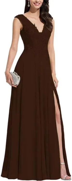 Chiffon Bridesmaid Dresses with Slit V-Neck Mother of Bride Dress Laces Applique Elegant A-line Formal Evening Dresses