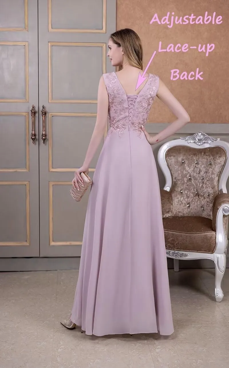 Chiffon Bridesmaid Dresses with Slit V-Neck Mother of Bride Dress Laces Applique Elegant A-line Formal Evening Dresses