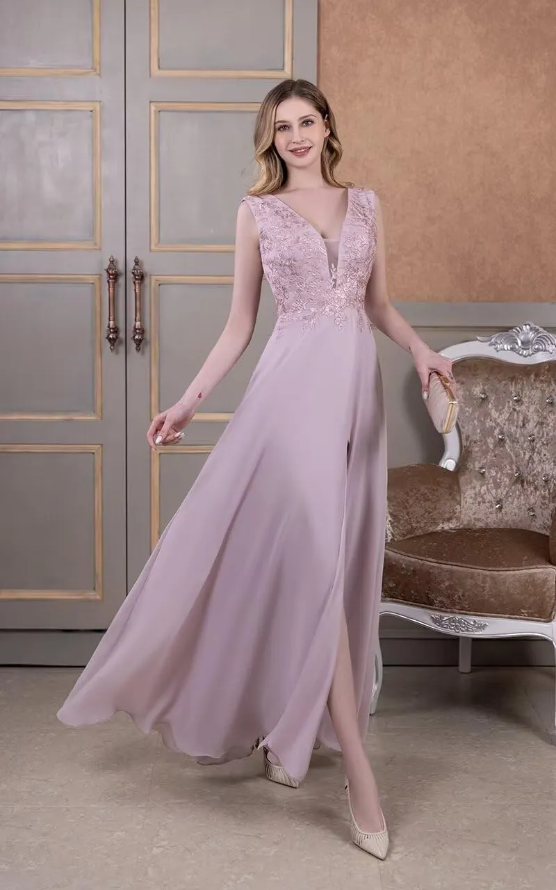 Chiffon Bridesmaid Dresses with Slit V-Neck Mother of Bride Dress Laces Applique Elegant A-line Formal Evening Dresses