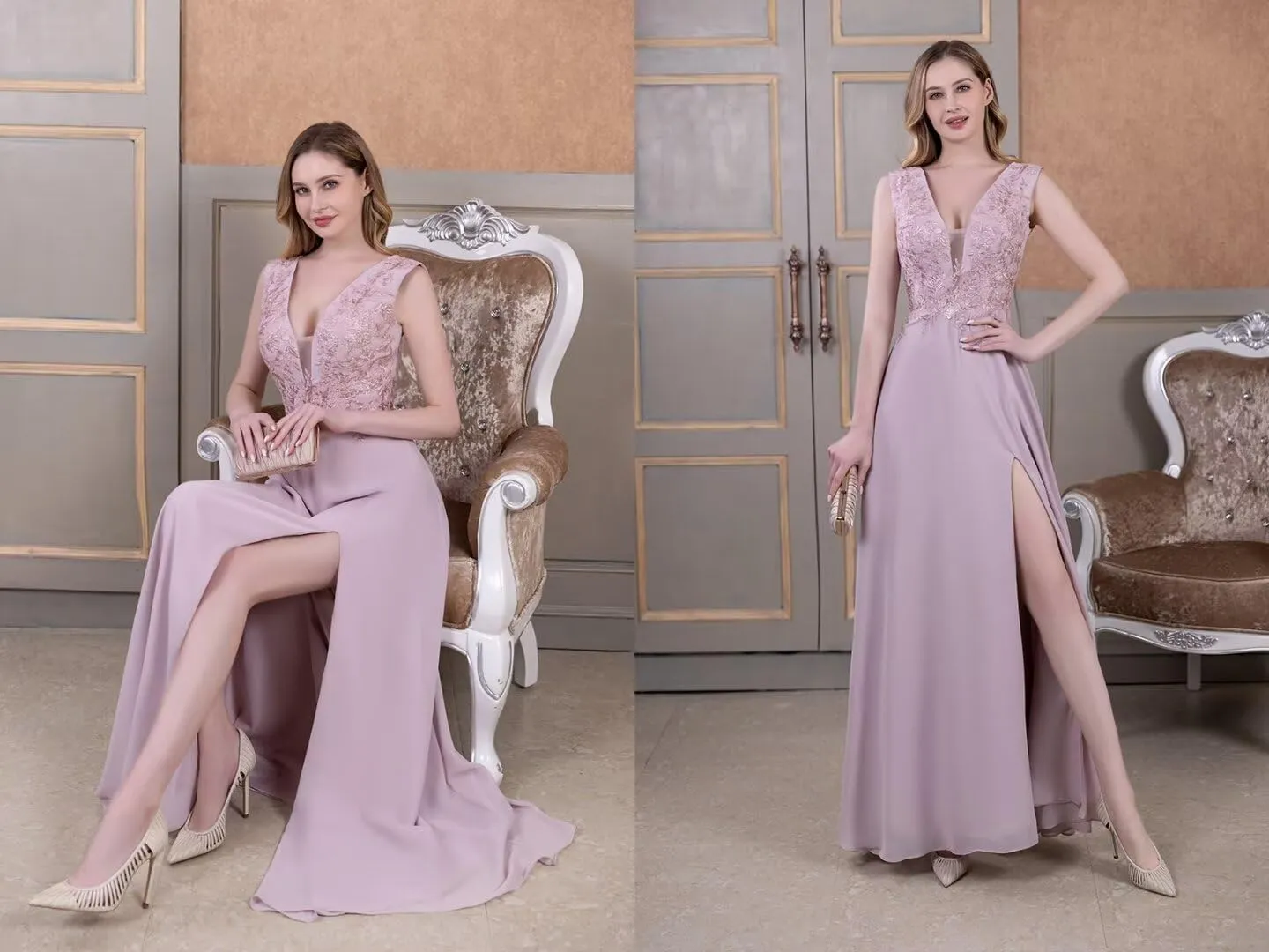 Chiffon Bridesmaid Dresses with Slit V-Neck Mother of Bride Dress Laces Applique Elegant A-line Formal Evening Dresses