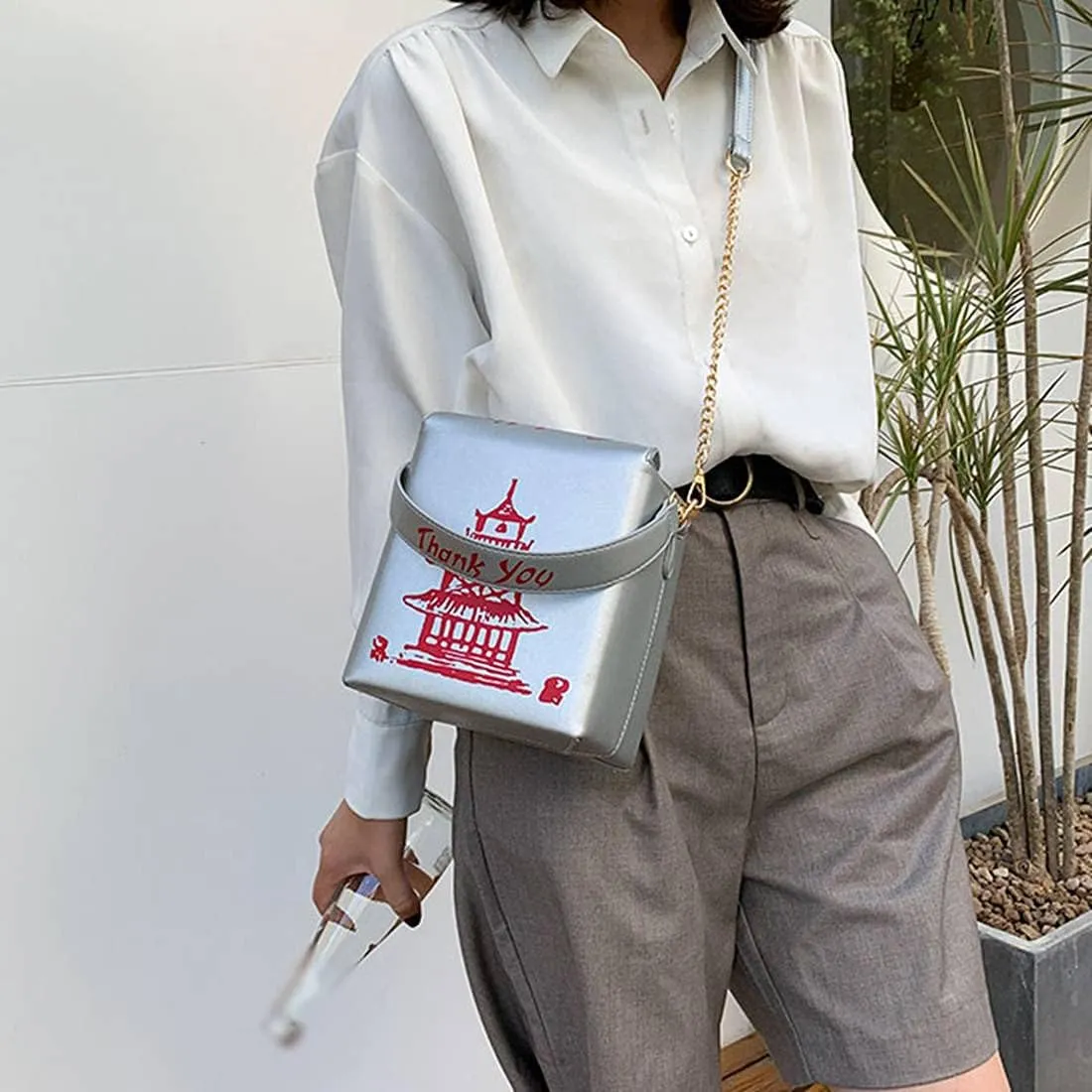 Chinese Takeout Box Style Shoulder Bag PU Leather Crossbody Bags for Women