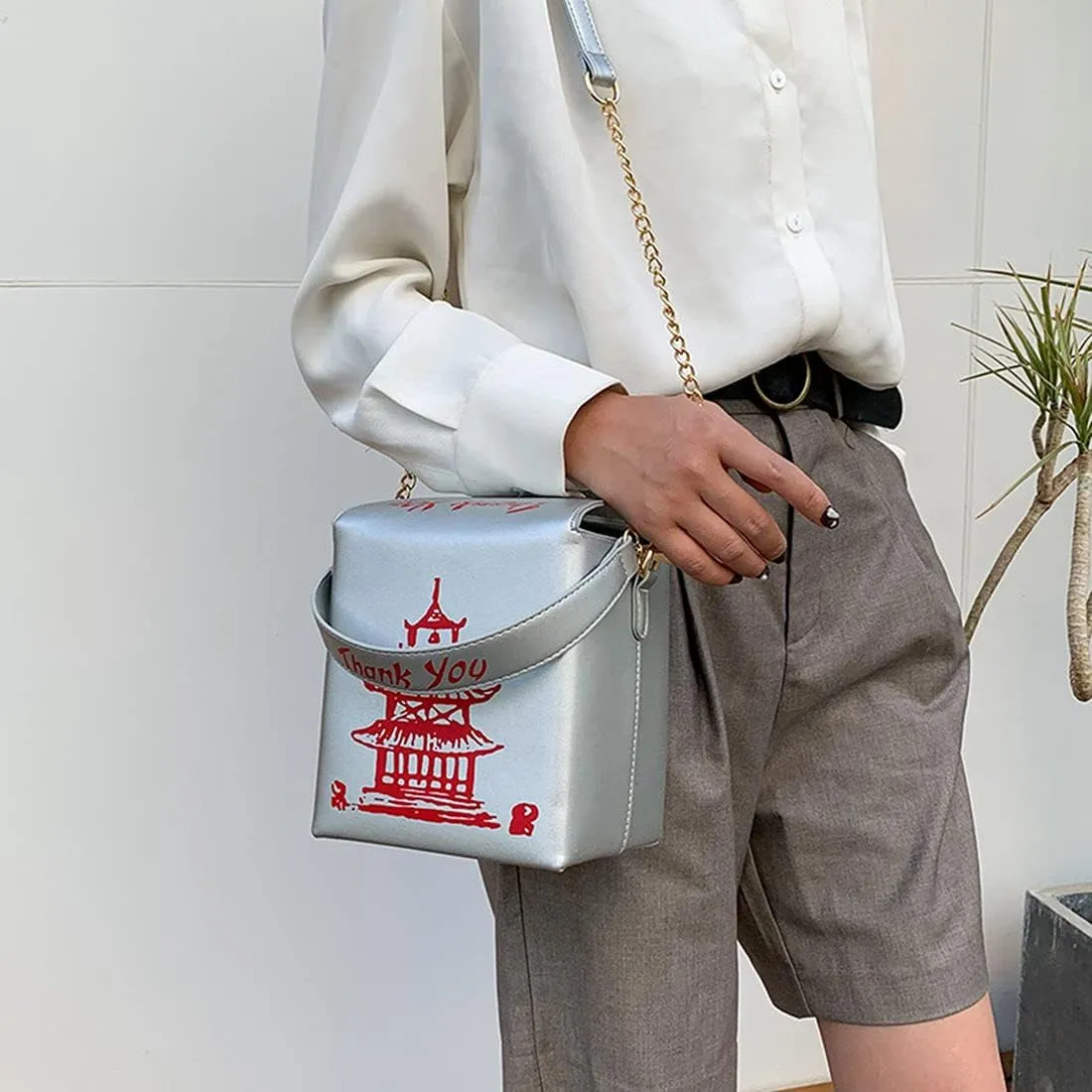 Chinese Takeout Box Style Shoulder Bag PU Leather Crossbody Bags for Women