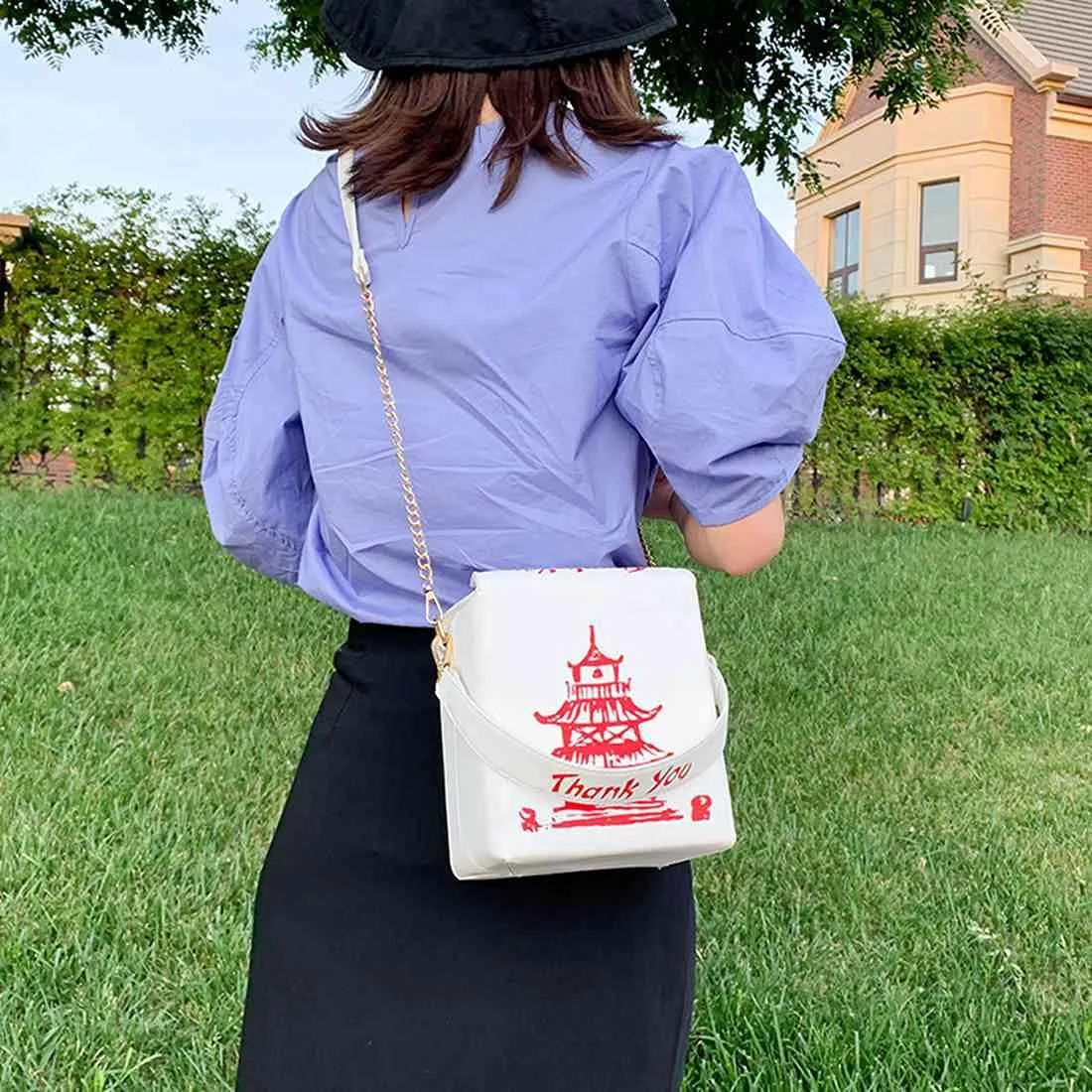 Chinese Takeout Box Style Shoulder Bag PU Leather Crossbody Bags for Women