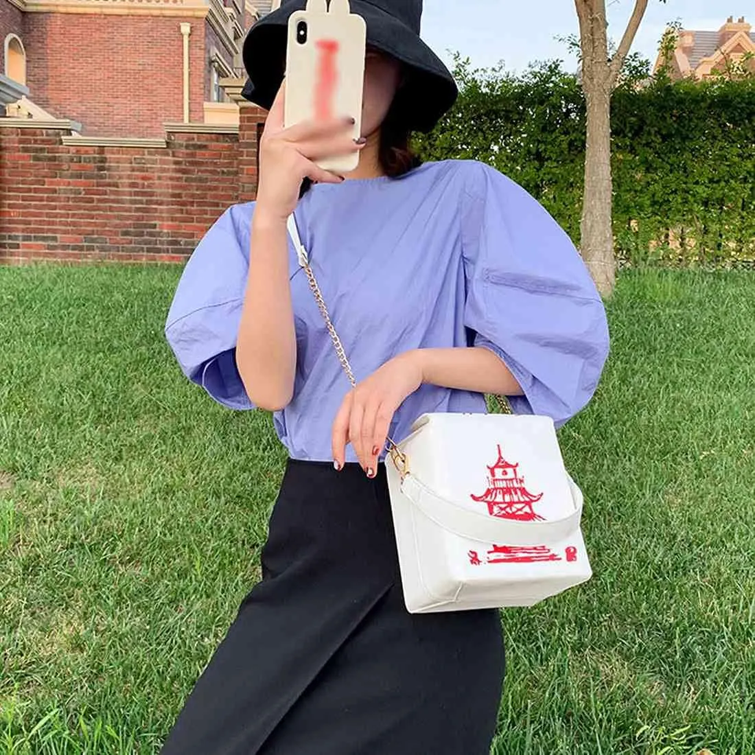 Chinese Takeout Box Style Shoulder Bag PU Leather Crossbody Bags for Women