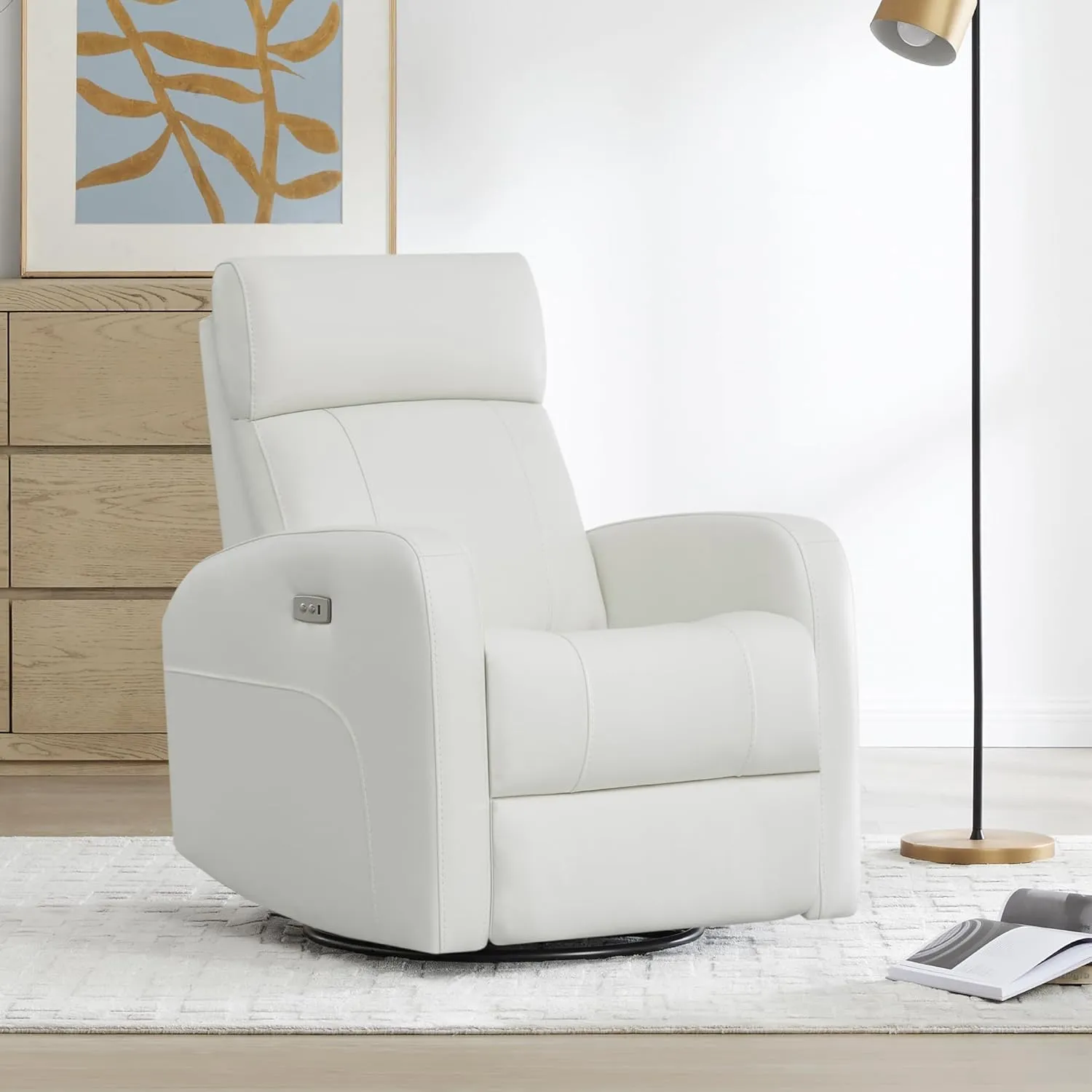 CHITA Genuine Leather Power Swivel Glider Recliner Chair, FSC Certified Double Layer Backrest Truck Armrest Recliner Chair Sofa for Living Room-White