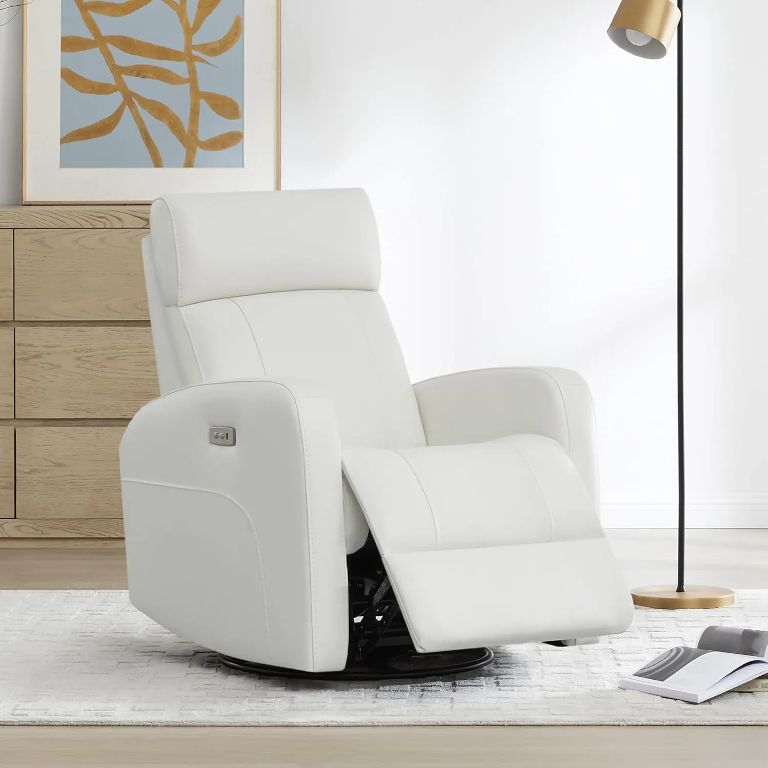 CHITA Genuine Leather Power Swivel Glider Recliner Chair, FSC Certified Double Layer Backrest Truck Armrest Recliner Chair Sofa for Living Room-White