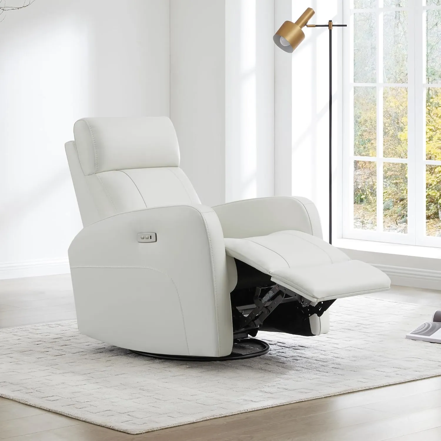 CHITA Genuine Leather Power Swivel Glider Recliner Chair, FSC Certified Double Layer Backrest Truck Armrest Recliner Chair Sofa for Living Room-White