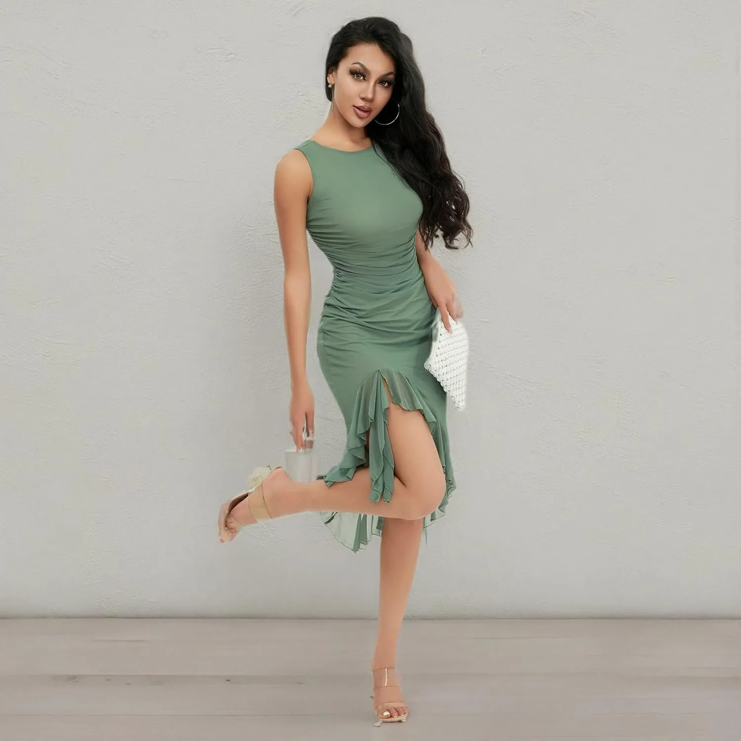 Chloefairy Women's Summer Midi Bodycon Sleeveless Backless Ruffle Hem Mermaid Cocktail Elegant Tank Dress