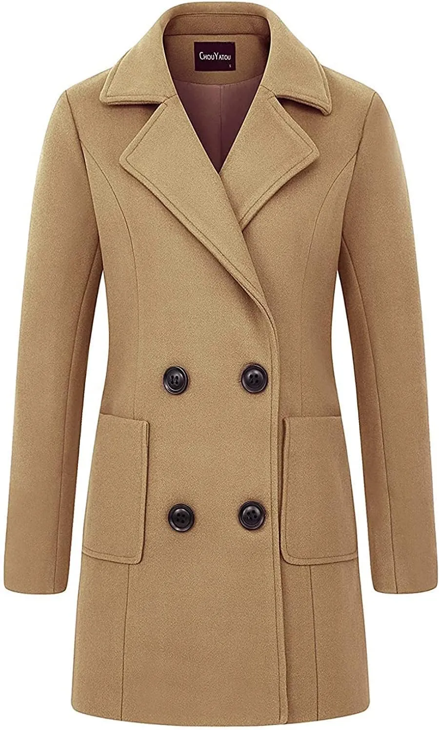 chouyatou Women Elegant Notched Collar Double Breasted Wool Blend Over Coat