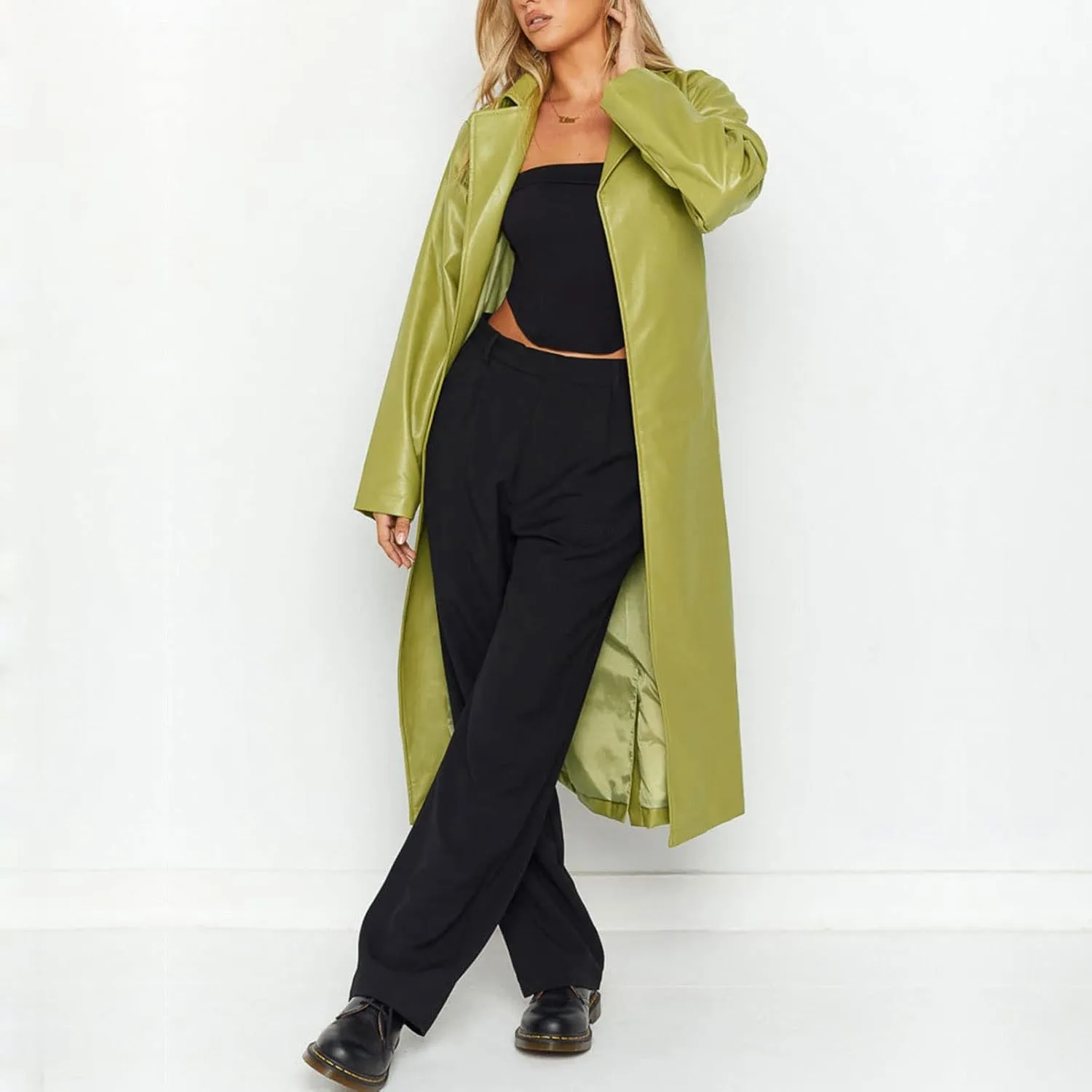 chouyatou Women's Casual Lapel Open Front Pu Faux Leather Long Trench Coat with Belt