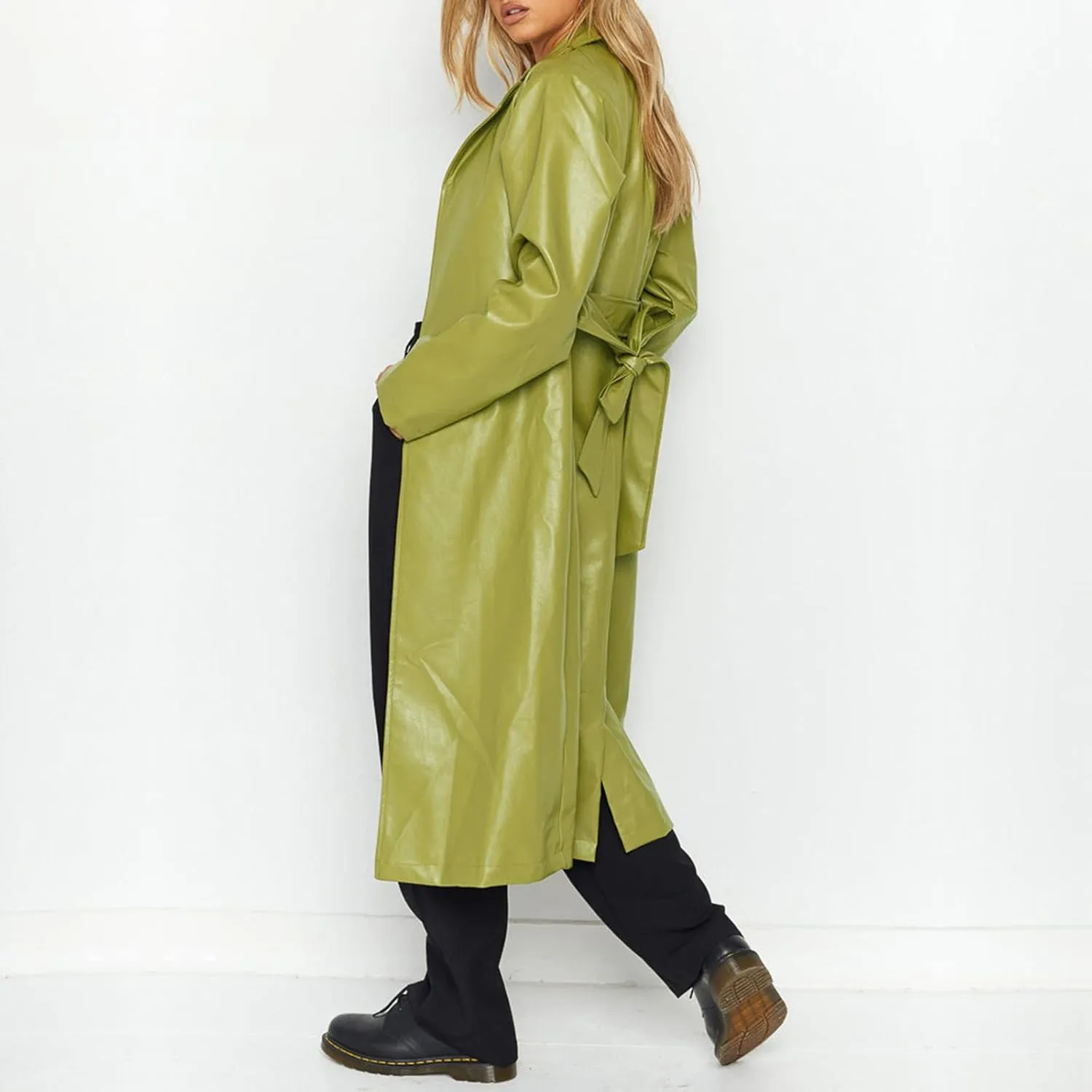 chouyatou Women's Casual Lapel Open Front Pu Faux Leather Long Trench Coat with Belt