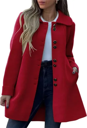 chouyatou Women's Winter Casual Lapel Collared Single Breasted Wool Pea Coat Elegant Wool Blend Overcoat