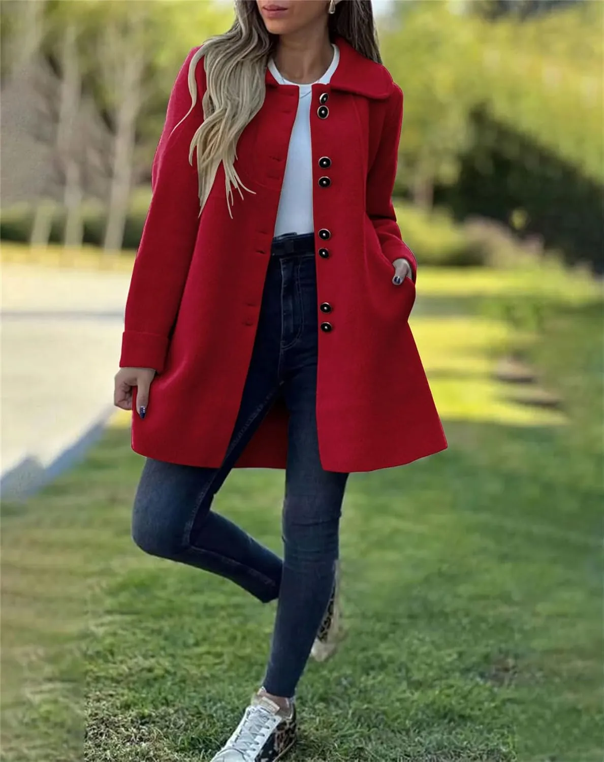 chouyatou Women's Winter Casual Lapel Collared Single Breasted Wool Pea Coat Elegant Wool Blend Overcoat