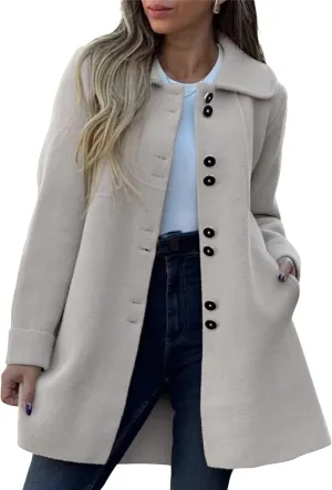 chouyatou Women's Winter Casual Lapel Collared Single Breasted Wool Pea Coat Elegant Wool Blend Overcoat