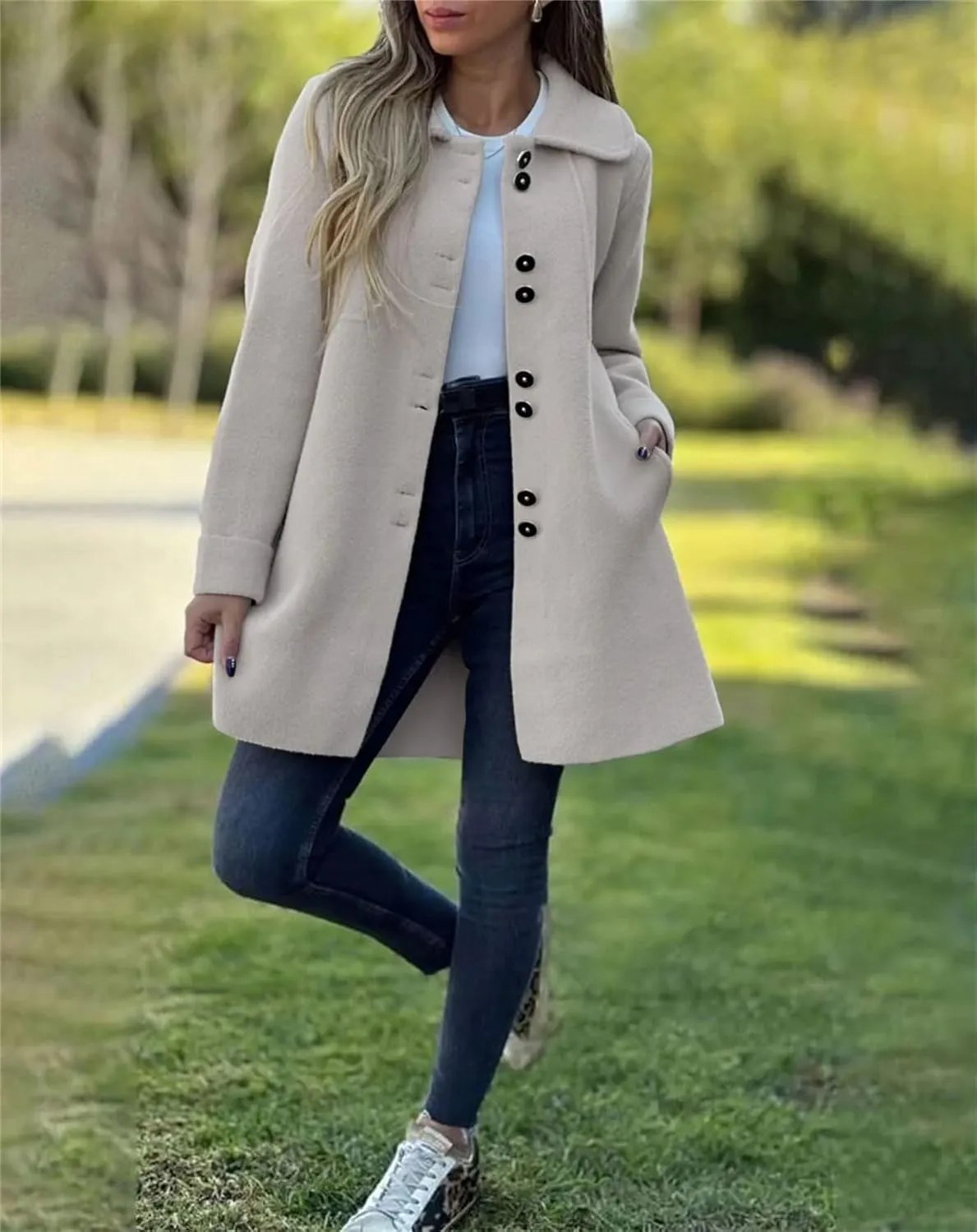 chouyatou Women's Winter Casual Lapel Collared Single Breasted Wool Pea Coat Elegant Wool Blend Overcoat