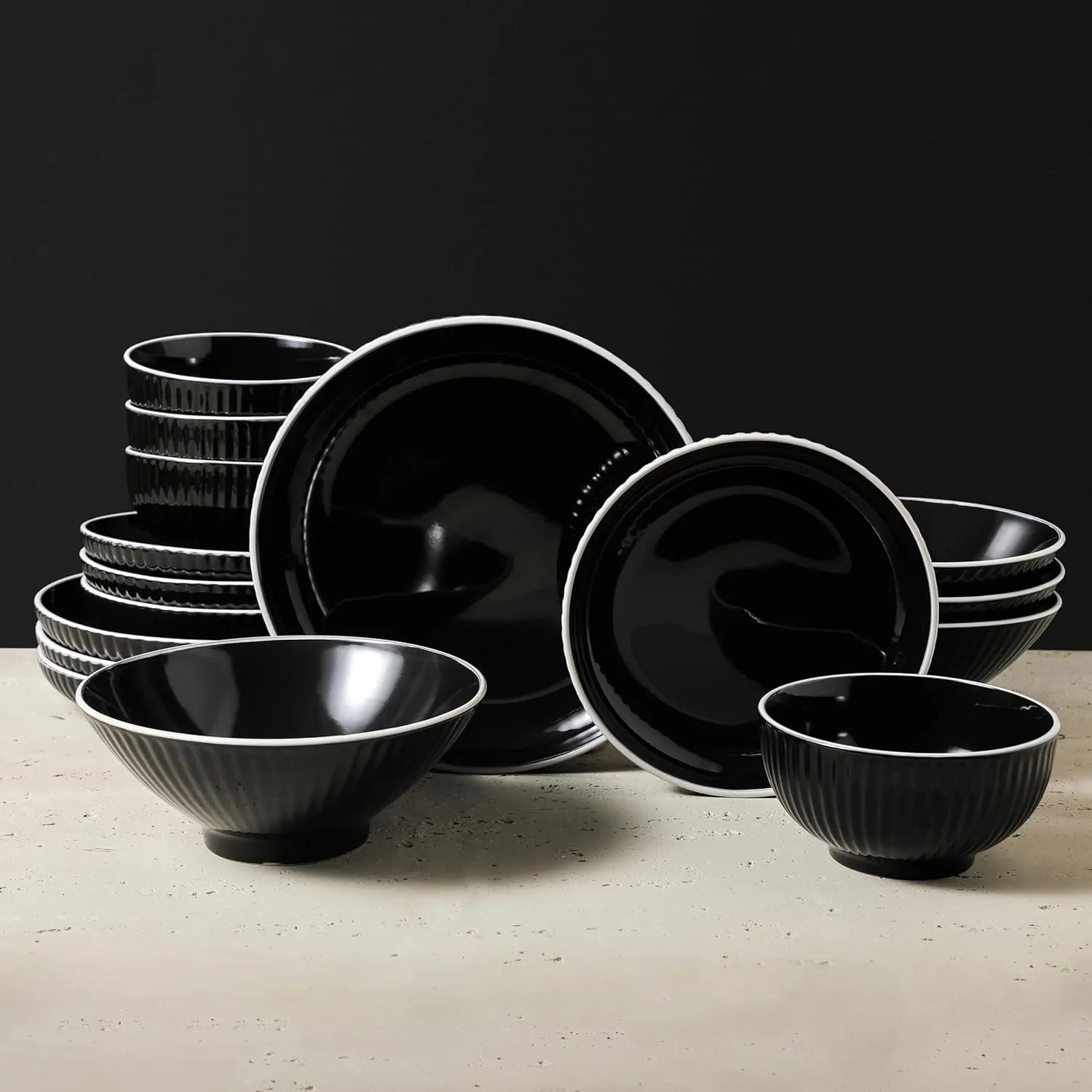 Christian Siriano Lustra Modern 32-Piece Stoneware Dinnerware Set, Plates and Bowls Set, Dinner and Salad Plates, Ramen Bowls, Dishes for 8, Black