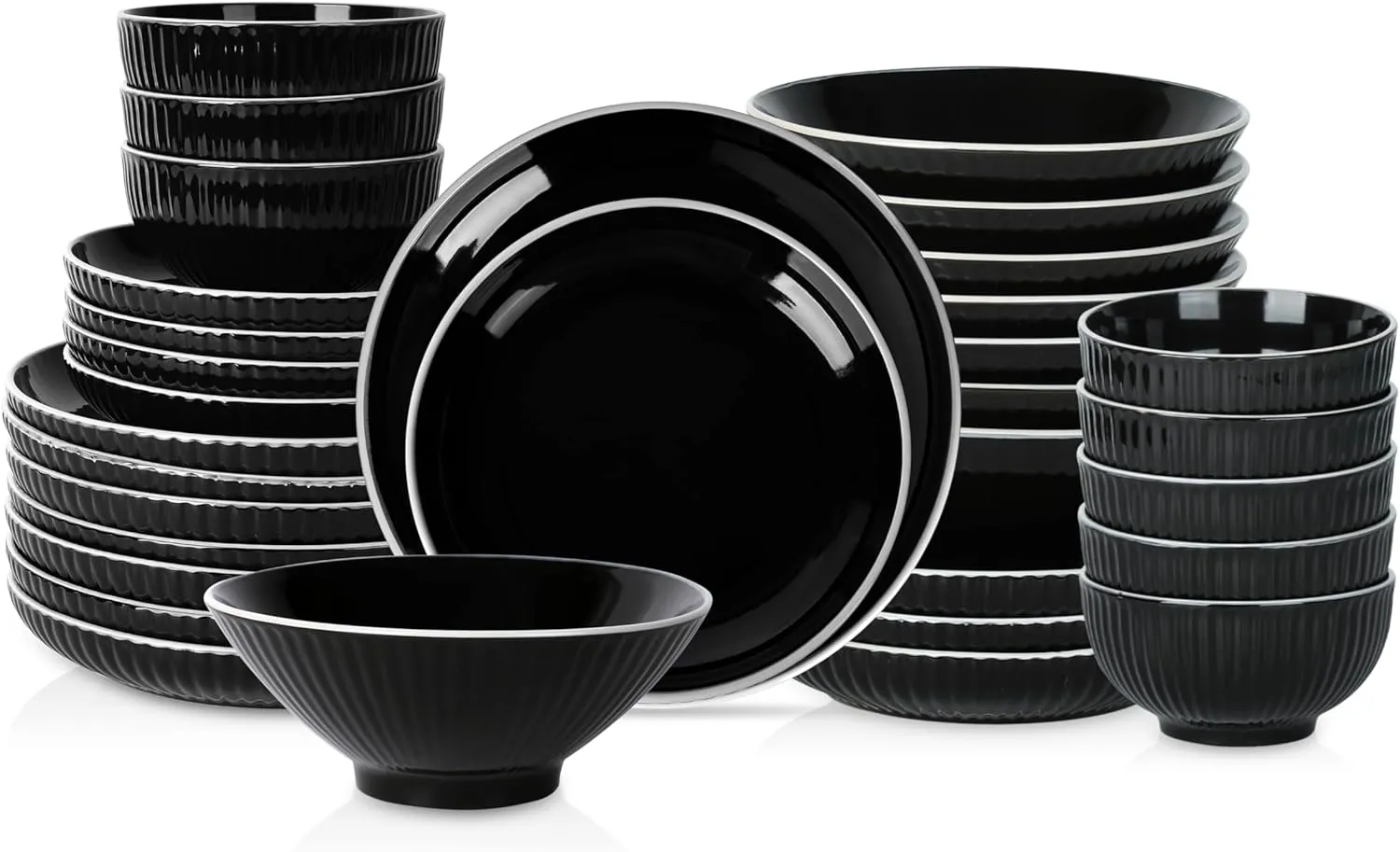 Christian Siriano Lustra Modern 32-Piece Stoneware Dinnerware Set, Plates and Bowls Set, Dinner and Salad Plates, Ramen Bowls, Dishes for 8, Black