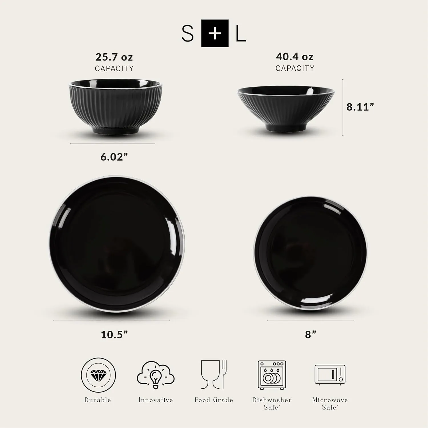 Christian Siriano Lustra Modern 32-Piece Stoneware Dinnerware Set, Plates and Bowls Set, Dinner and Salad Plates, Ramen Bowls, Dishes for 8, Black
