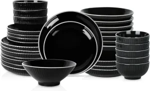 Christian Siriano Lustra Modern 32-Piece Stoneware Dinnerware Set, Plates and Bowls Set, Dinner and Salad Plates, Ramen Bowls, Dishes for 8, Black