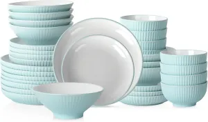 Christian Siriano Lustra Modern 32-Piece Stoneware Dinnerware Set, Plates and Bowls Set, Dinner and Salad Plates, Ramen Bowls, Dishes for 8, Teal