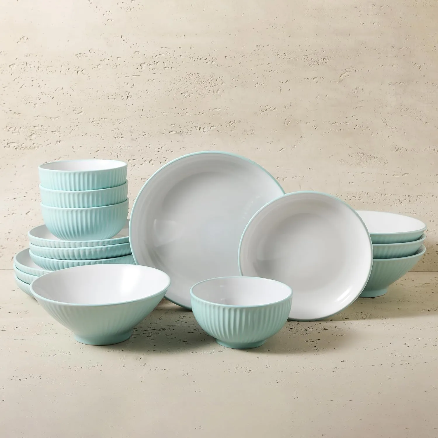 Christian Siriano Lustra Modern 32-Piece Stoneware Dinnerware Set, Plates and Bowls Set, Dinner and Salad Plates, Ramen Bowls, Dishes for 8, Teal