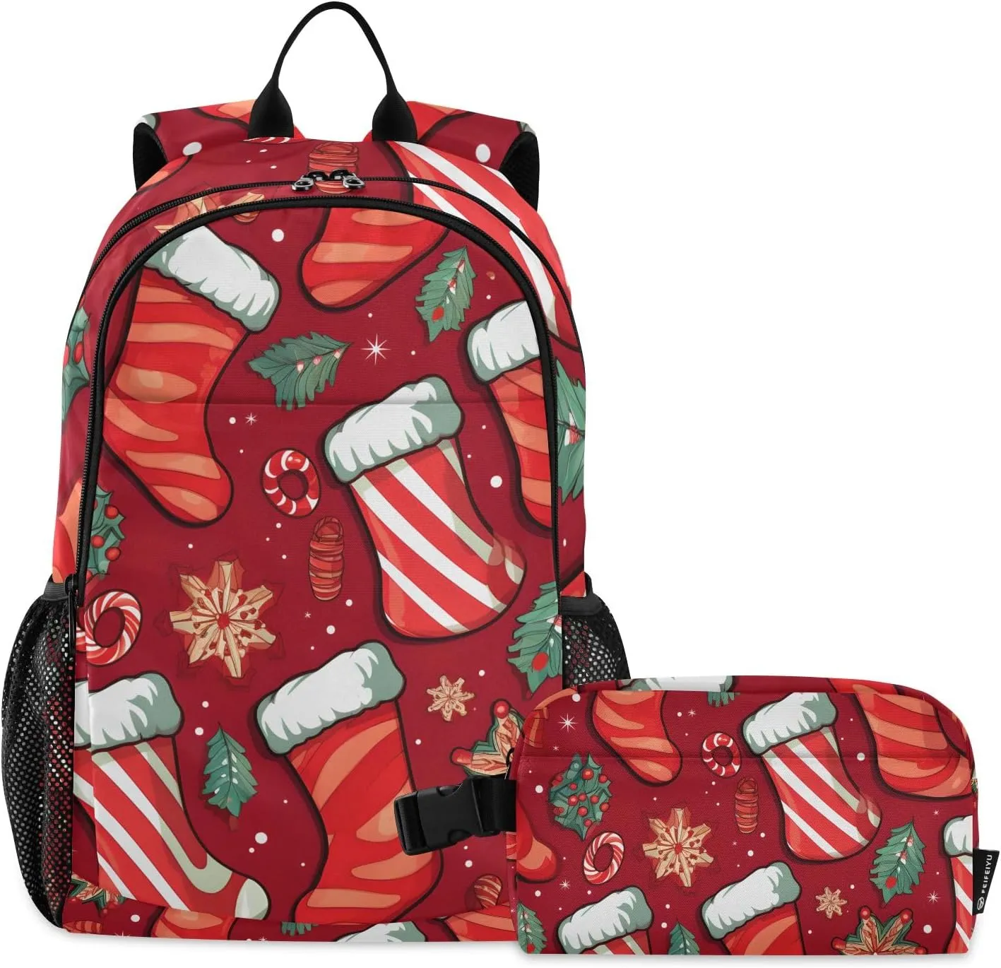 Christmas Stocks Snowflake Lightweight Backpack for Kids School Bookbag with Lunch Bag Set for School Outside Activities Travel
