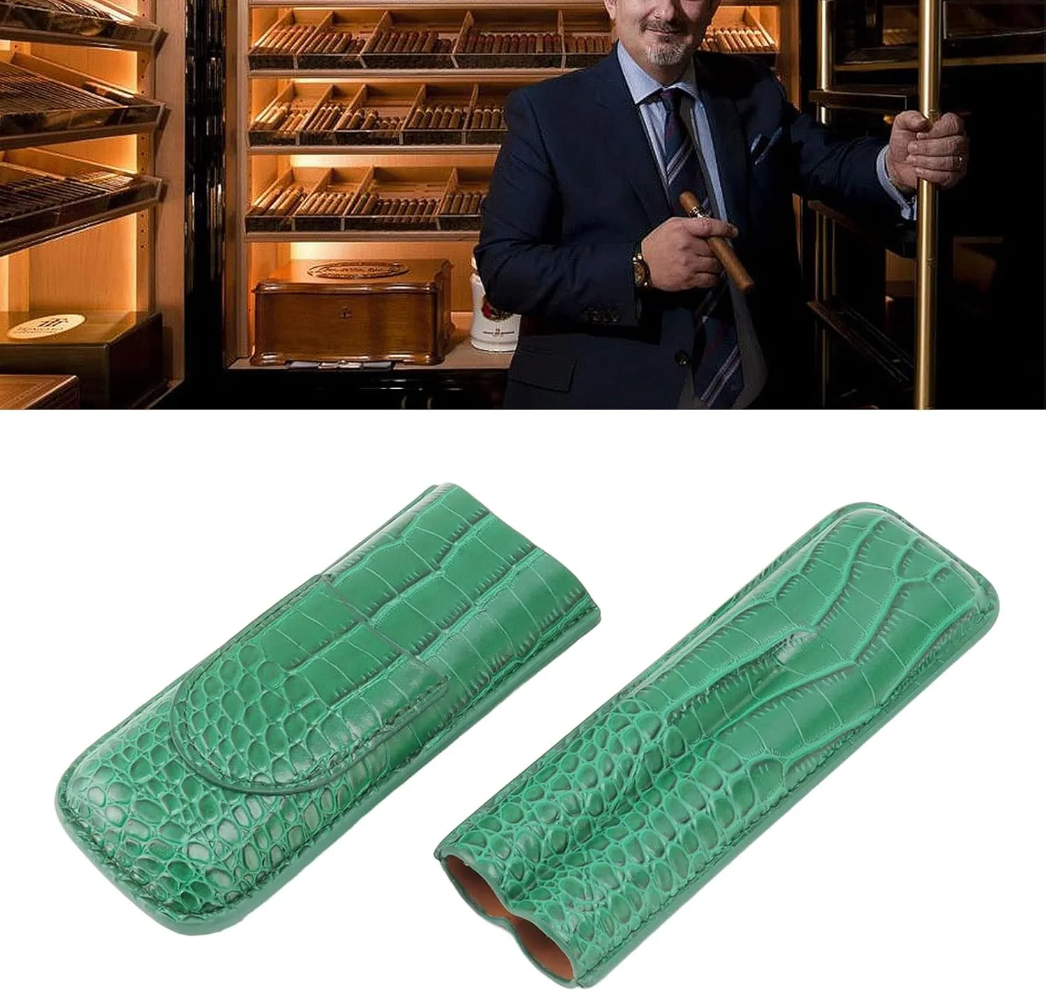 Cigar Case Holder, Soft Leather Cigar Travel Case Cedar Wood Lined Portable Cigar Humidor Box Elegant Cigar Box Great Cigar Accessories for Men (Green)