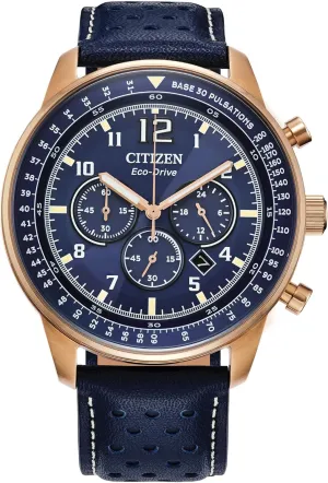 Citizen Men's Eco-Drive Weekender Sport Casual Chronograph Rose Gold Stainless Steel Watch with Blue Leather Strap, Blue Dial (Model: CA4503-00L)