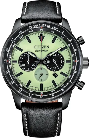 Citzen Men's Eco-Drive Weekender Sport Casual, Black Stainless Steel Watch, Black Leather Strap, Chronograph (Model: CA4505-21X)