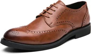 Classic Brogue Carving Wingtip Oxfords for Men Lace up Formal Dress Shoes Faux Leather Burnished Round Toe Block Heel Anti-Slip Formal Men (Color : Brown, Size : 11.5 M US)