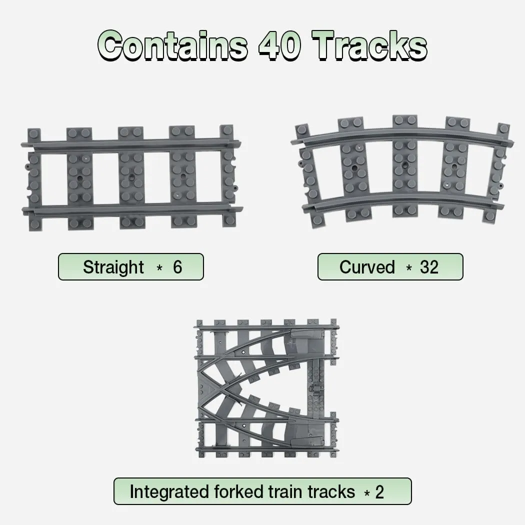 Classic City Train Tracks, 32PCS Curved and 6PCS Straight with 1 Integrated Split Train Tracks - Railroad Building Toy Accessories Compatible with Major Brand