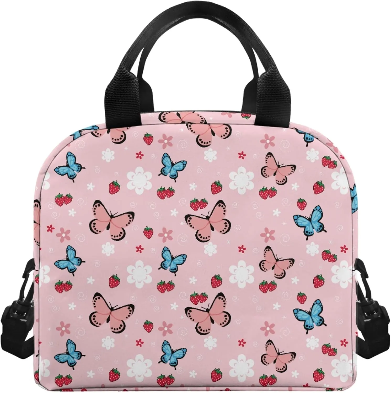 CLOHOMIN Butterfly Lunch Box for Girls 12-14 Women Strawberry Lunch Bags Elementary School Lunch Tote Bags 6th Grade/7th Grade Pink Food Handbags with Handle & Crossbody Strap