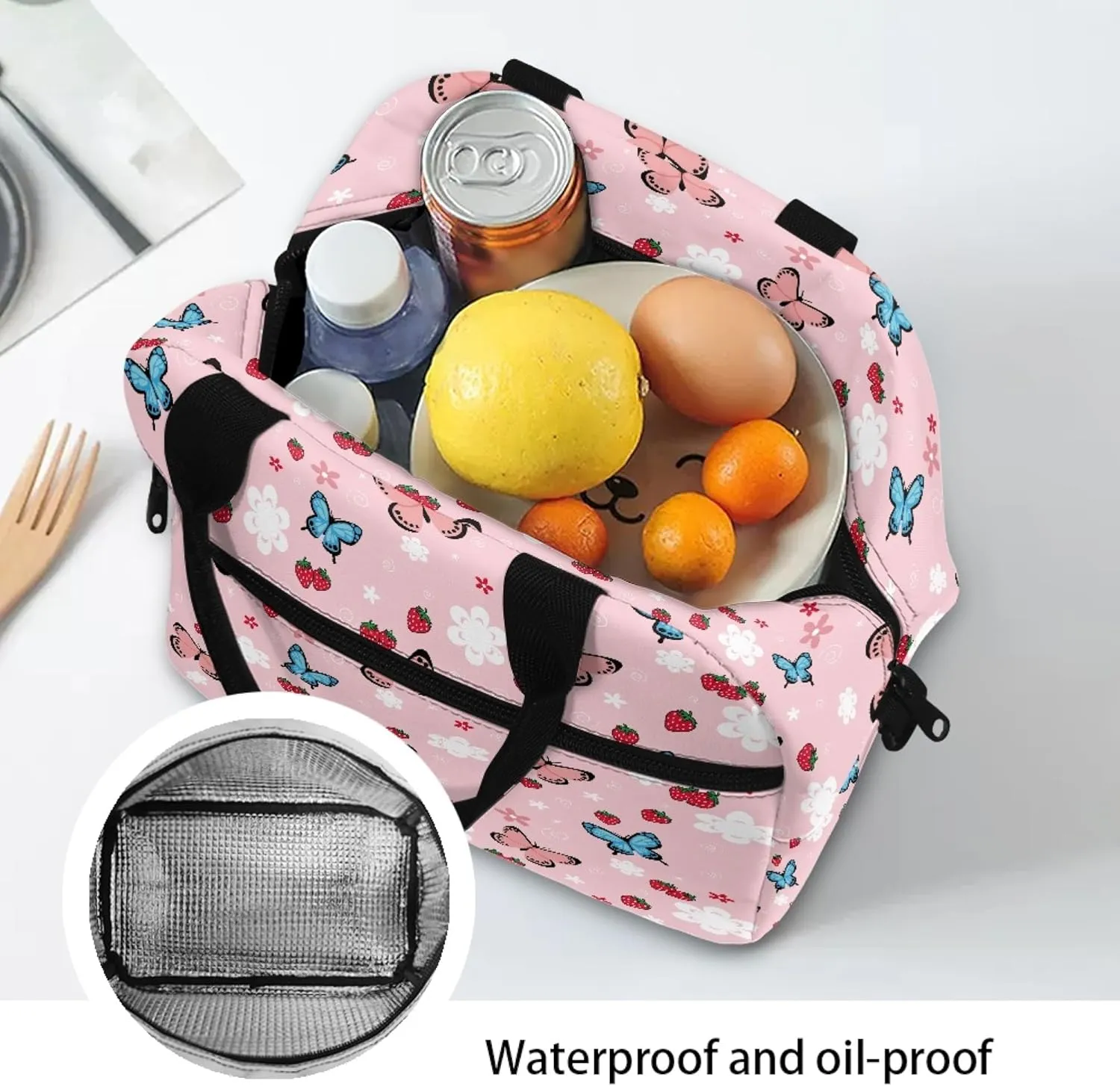 CLOHOMIN Butterfly Lunch Box for Girls 12-14 Women Strawberry Lunch Bags Elementary School Lunch Tote Bags 6th Grade/7th Grade Pink Food Handbags with Handle & Crossbody Strap
