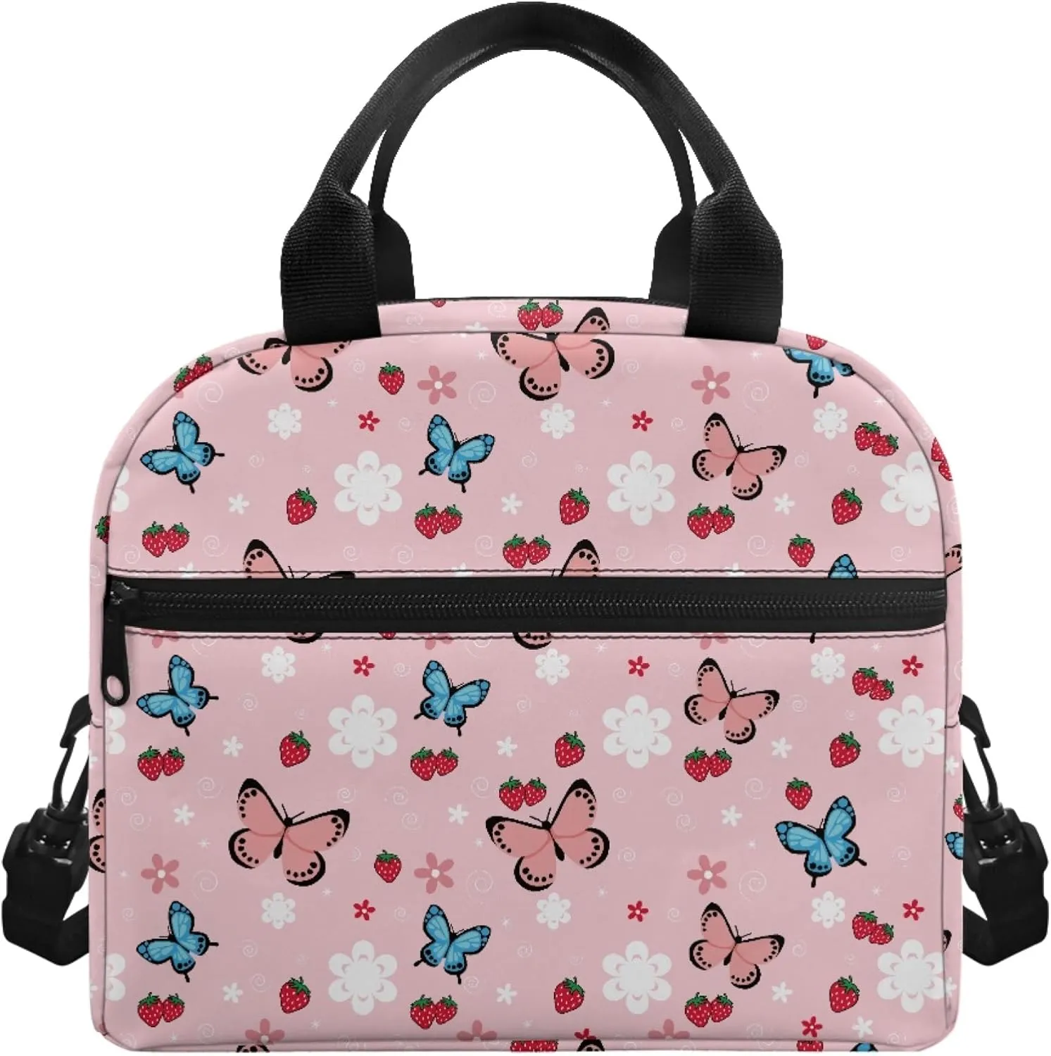 CLOHOMIN Butterfly Lunch Box for Girls 12-14 Women Strawberry Lunch Bags Elementary School Lunch Tote Bags 6th Grade/7th Grade Pink Food Handbags with Handle & Crossbody Strap
